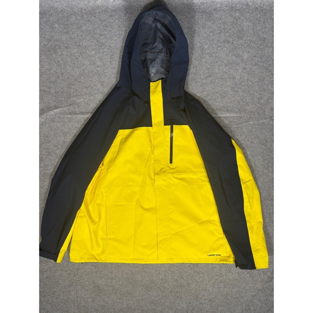 Lands End Mens XXL Yellow Navy  Colorblock Hooded‎ Rain Jacket Waterproof Shell
